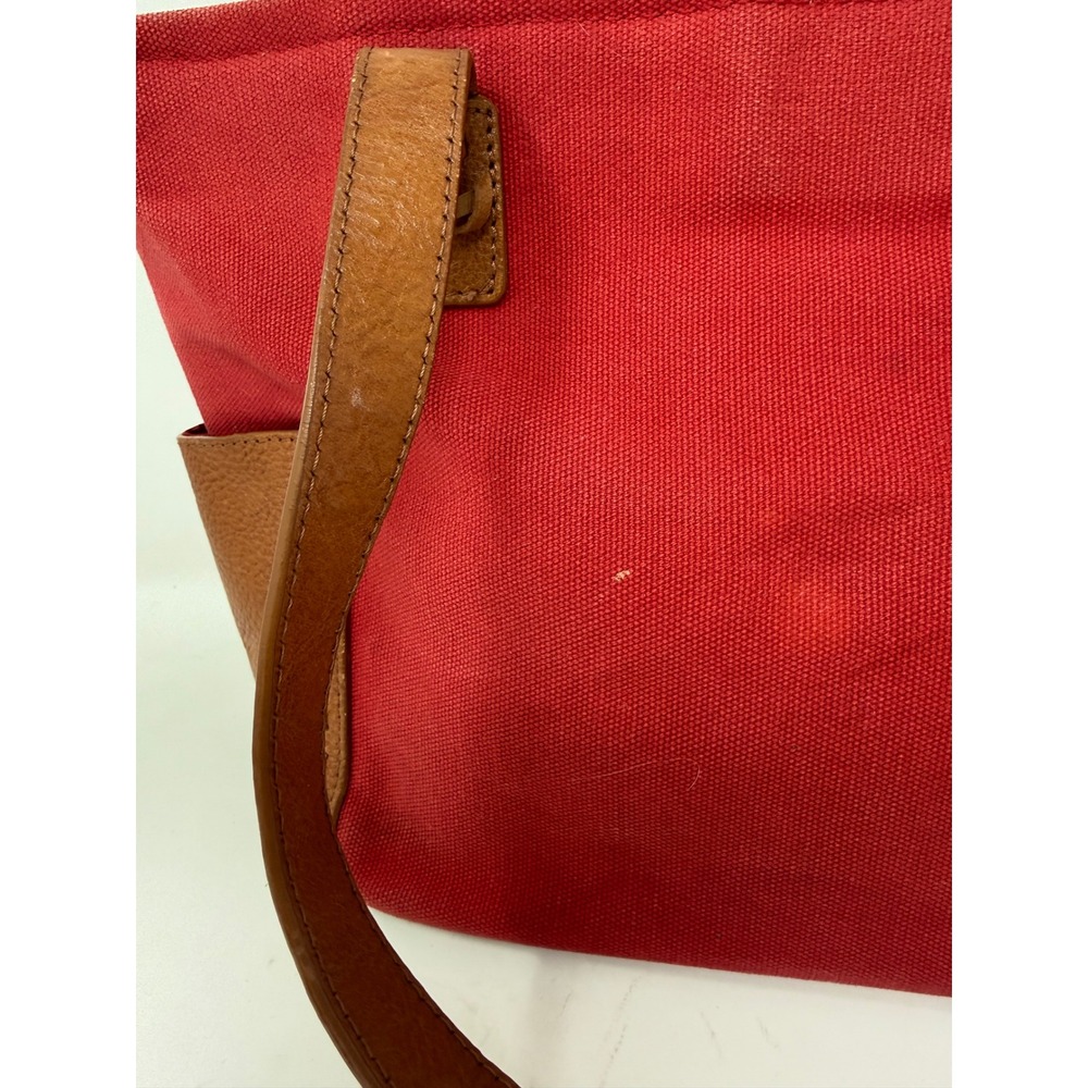 Fossil Red Canvas Brown Leather Trim Tote Shoulder Bag Whipstitch Key Charm - Picture 7 of 14